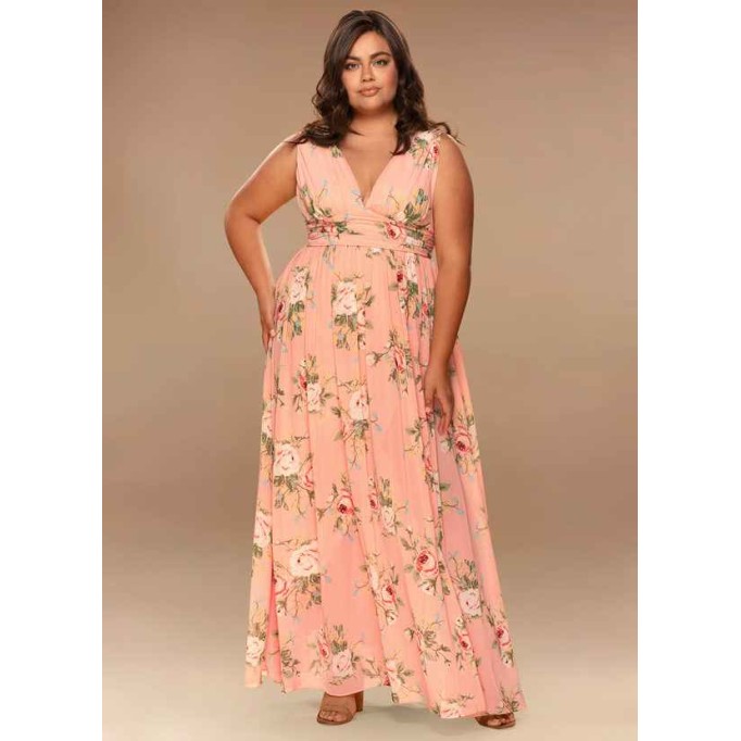 Blush Mark Versailles Blush Floral Print Floral Print Chiffon Maxi Dress