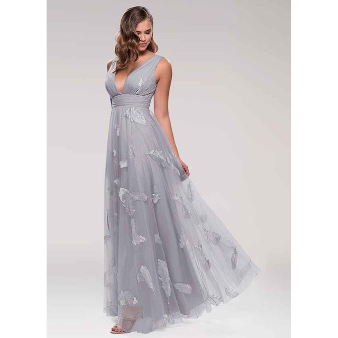 Blush Mark Lost In Paradise Grey Embroidery Tulle Maxi Dress