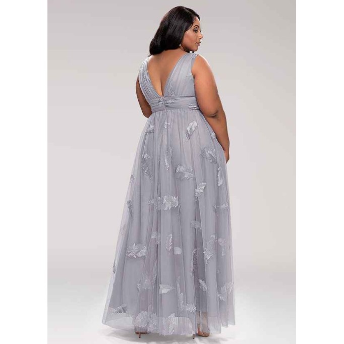 Blush Mark Lost In Paradise Grey Embroidery Tulle Maxi Dress