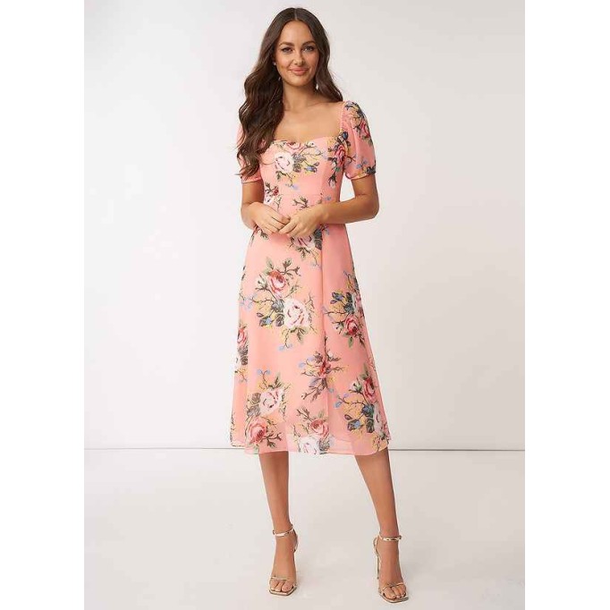 AZ Occasions Flower Meadow Floral Print Chiffon Midi Dress