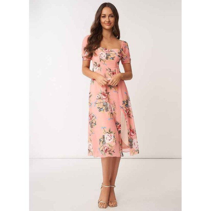 AZ Occasions Flower Meadow Floral Print Chiffon Midi Dress