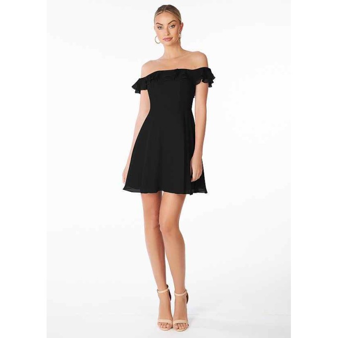 AZ Occasions Mini Chiffon Dress with Off the Shoulder Sleeves