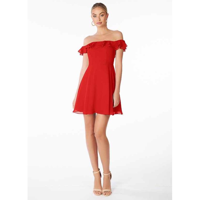 AZ Occasions Mini Chiffon Dress with Off the Shoulder Sleeves