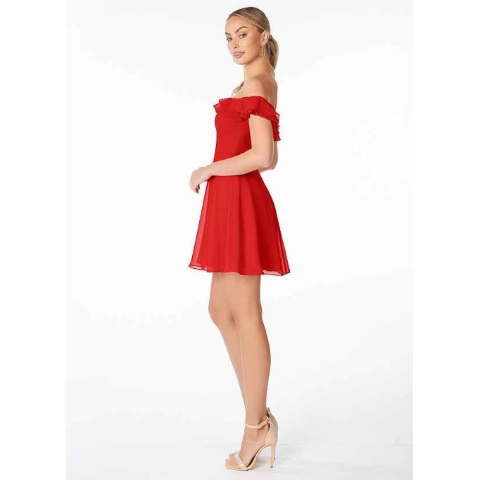 AZ Occasions Mini Chiffon Dress with Off the Shoulder Sleeves