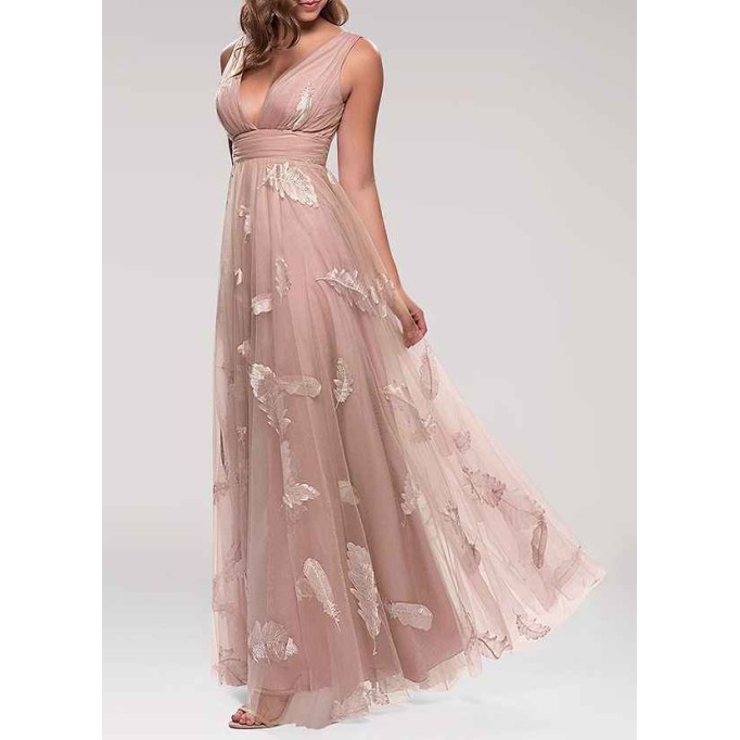 AZ Occasions Lost In Paradise Blush Embroidery Tulle Maxi Dress