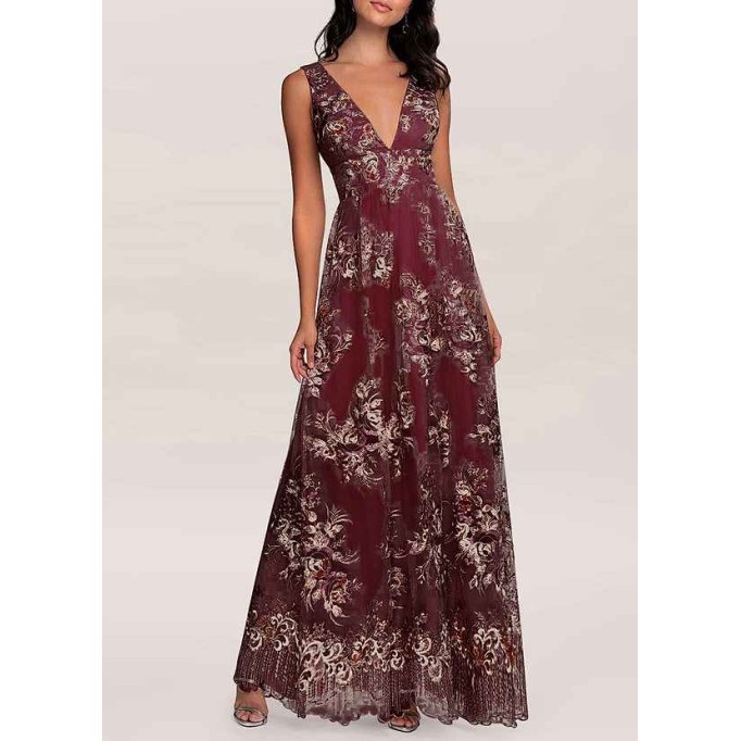 AZ Occasions Romantic Adventure Cabernet Embroidery Tulle Maxi Dress