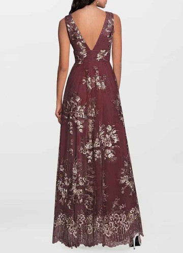 AZ Occasions Romantic Adventure Cabernet Embroidery Tulle Maxi Dress