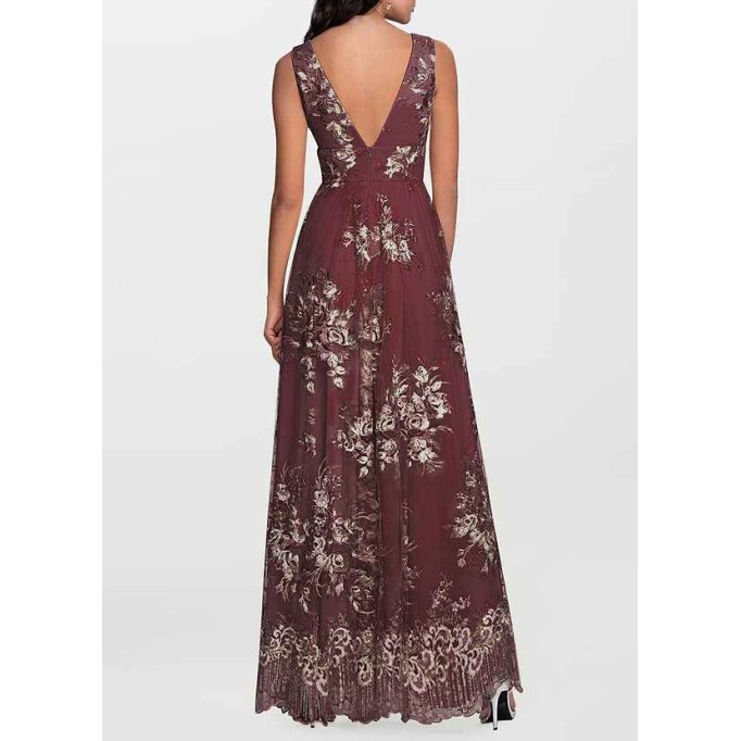 AZ Occasions Romantic Adventure Cabernet Embroidery Tulle Maxi Dress