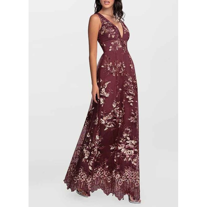 AZ Occasions Romantic Adventure Cabernet Embroidery Tulle Maxi Dress