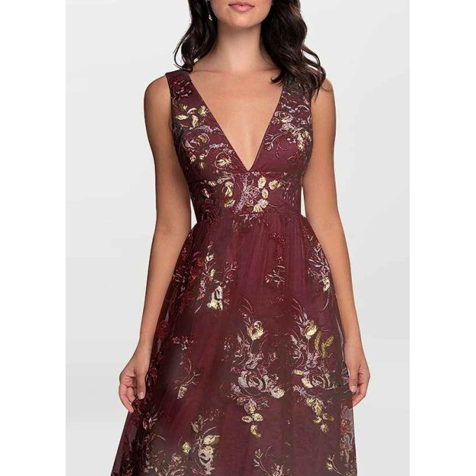 AZ Occasions Romantic Adventure Cabernet Embroidery Tulle Maxi Dress