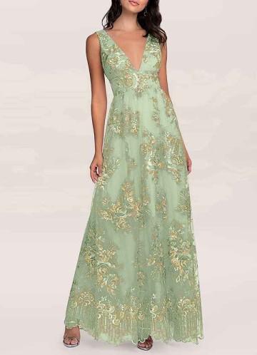 AZ Occasions Romantic Adventure Dusty Sage Embroidery Tulle Maxi Dress