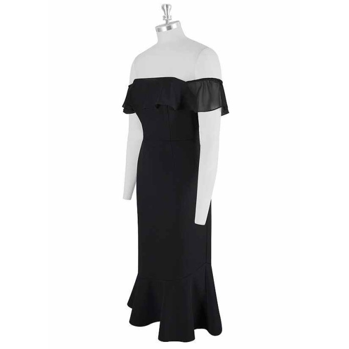 AZ Occasions Off the Shoulder Stretch Crepe Fit and Flare Midi Dress