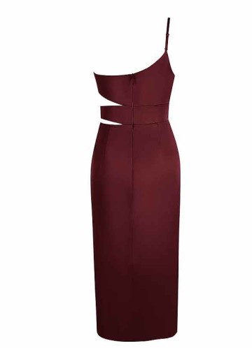 AZ Occasions One Shoulder Midi Stretch Satin Dress with Side Cutouts