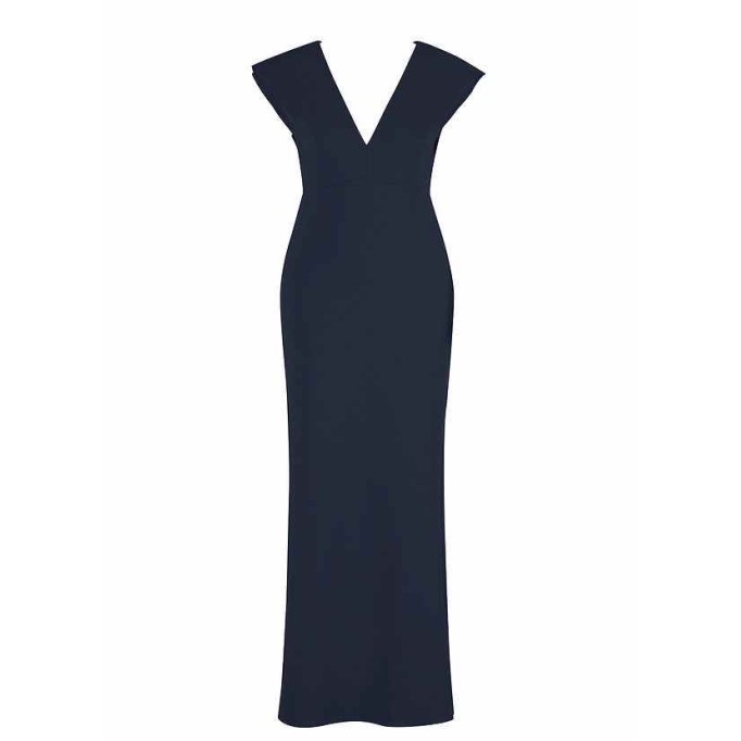 AZ Occasions Maxi Crepe Dress with V Neckline and Cap Sleeves