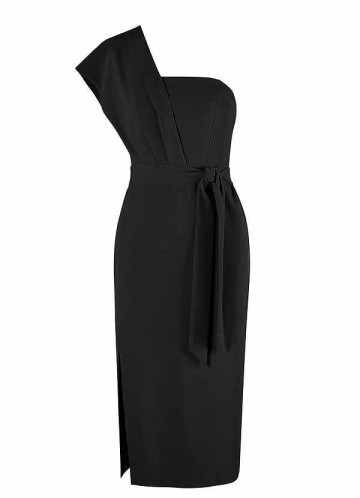 AZ Occasions Draped One Shoulder Midi Dress with Waist Tie