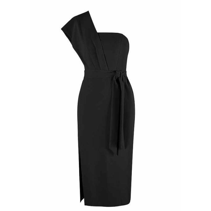 AZ Occasions Draped One Shoulder Midi Dress with Waist Tie