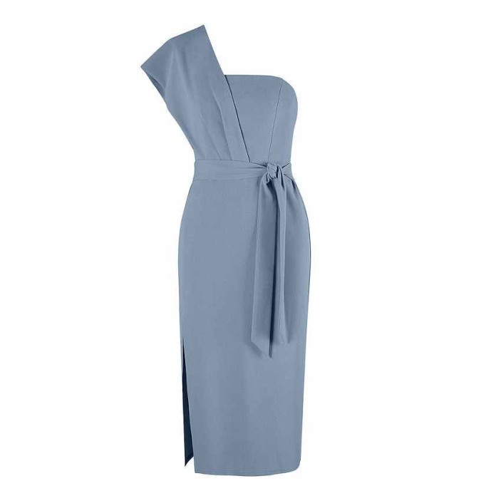 AZ Occasions Draped One Shoulder Midi Dress with Waist Tie