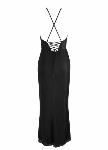 AZ Occasions Midi Mesh Halter Dress with Lace Up Back