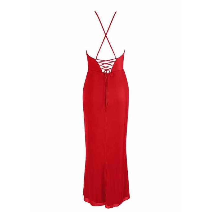 AZ Occasions Midi Mesh Halter Dress with Lace Up Back